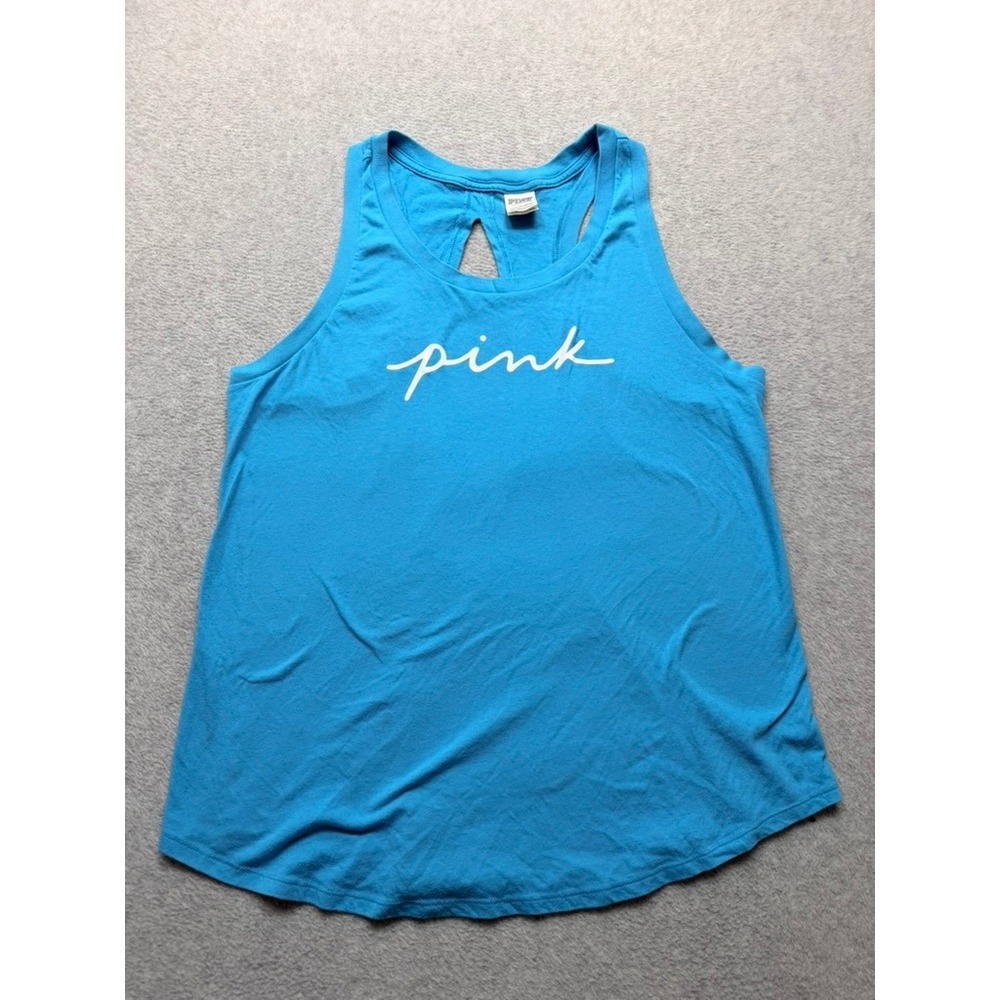 Victoria's Secret PINK Racerback Tank Top Blue Logo Keyhole Back XL